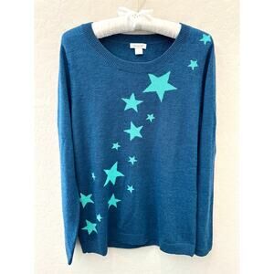 GARNET HILL | Wool Sweater Blue Teal Star Print Crewneck Pullover | Size Medium